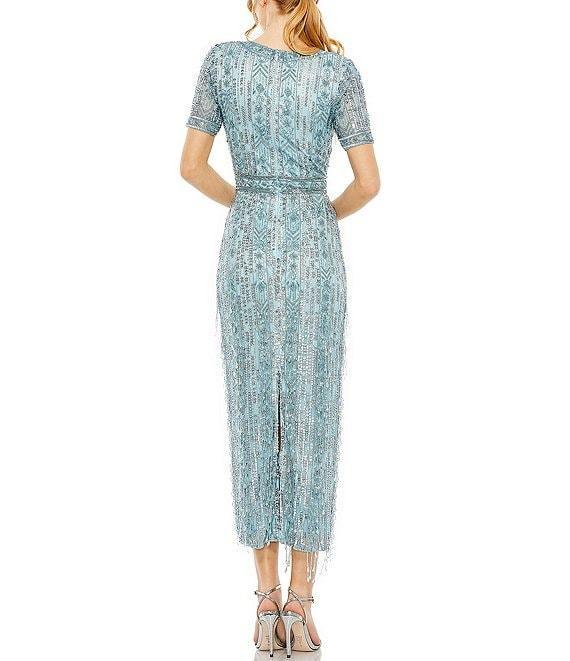 Mac Duggal Short Sleeve Sequined Beaded Sheath Midi Dress Product Image