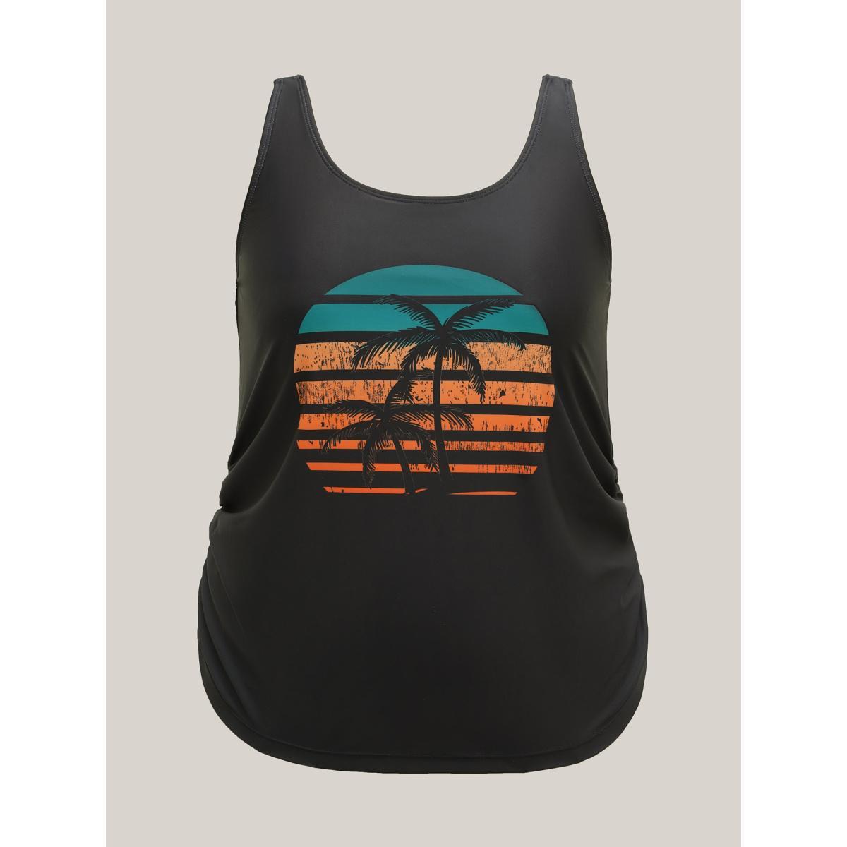 Plus Size Island Print Ruched Swim Top Women's Swimwear Black Resort Gathered High stretch Bodycon U-neck Curve Swim Tops BloomChic 30/6X Product Image