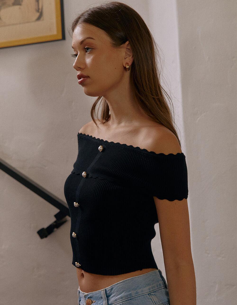WEST OF MELROSE Off The Shoulder Button Front Top - BLACK Product Image