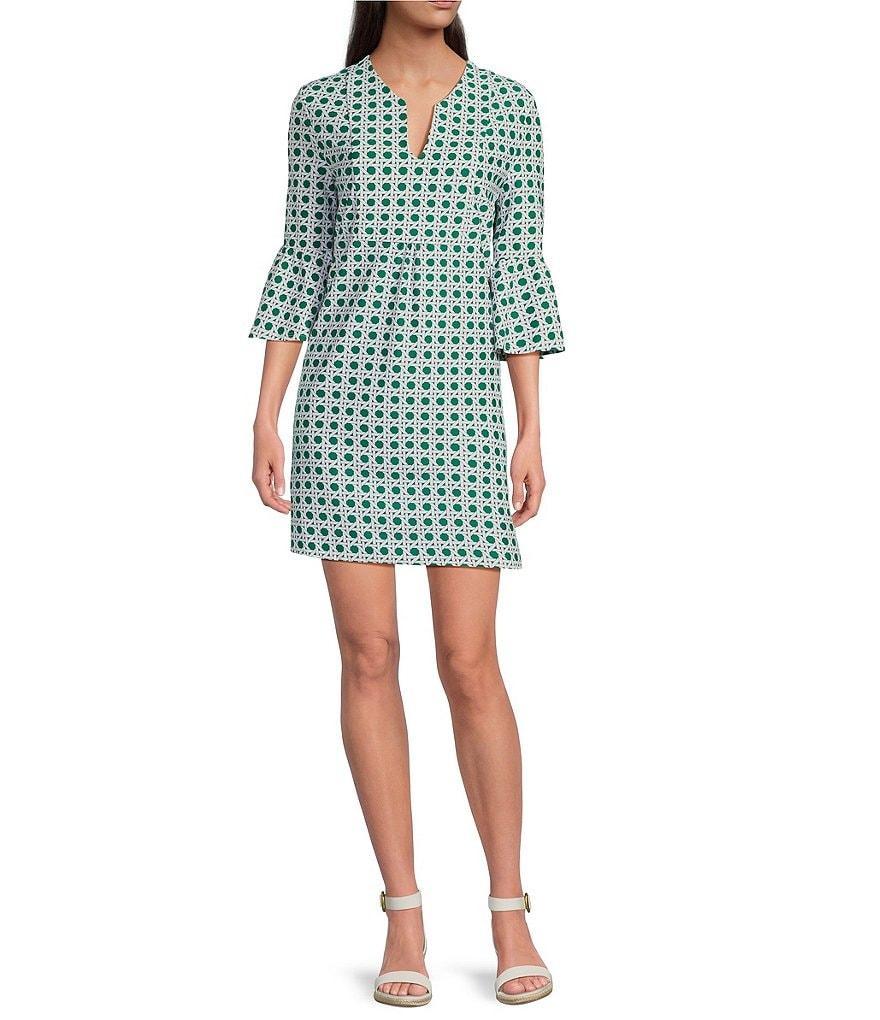 Jude Connally Kerry Petite Rattan Print Split V-Neck 3/4 Bell Sleeve Knit Shift Dress Product Image