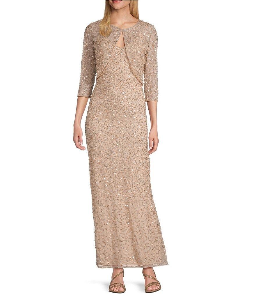 Pisarro Nights Beaded Mesh V-Neck 3/4 Sleeves A-Line 2-Piece Jacket Dress Product Image