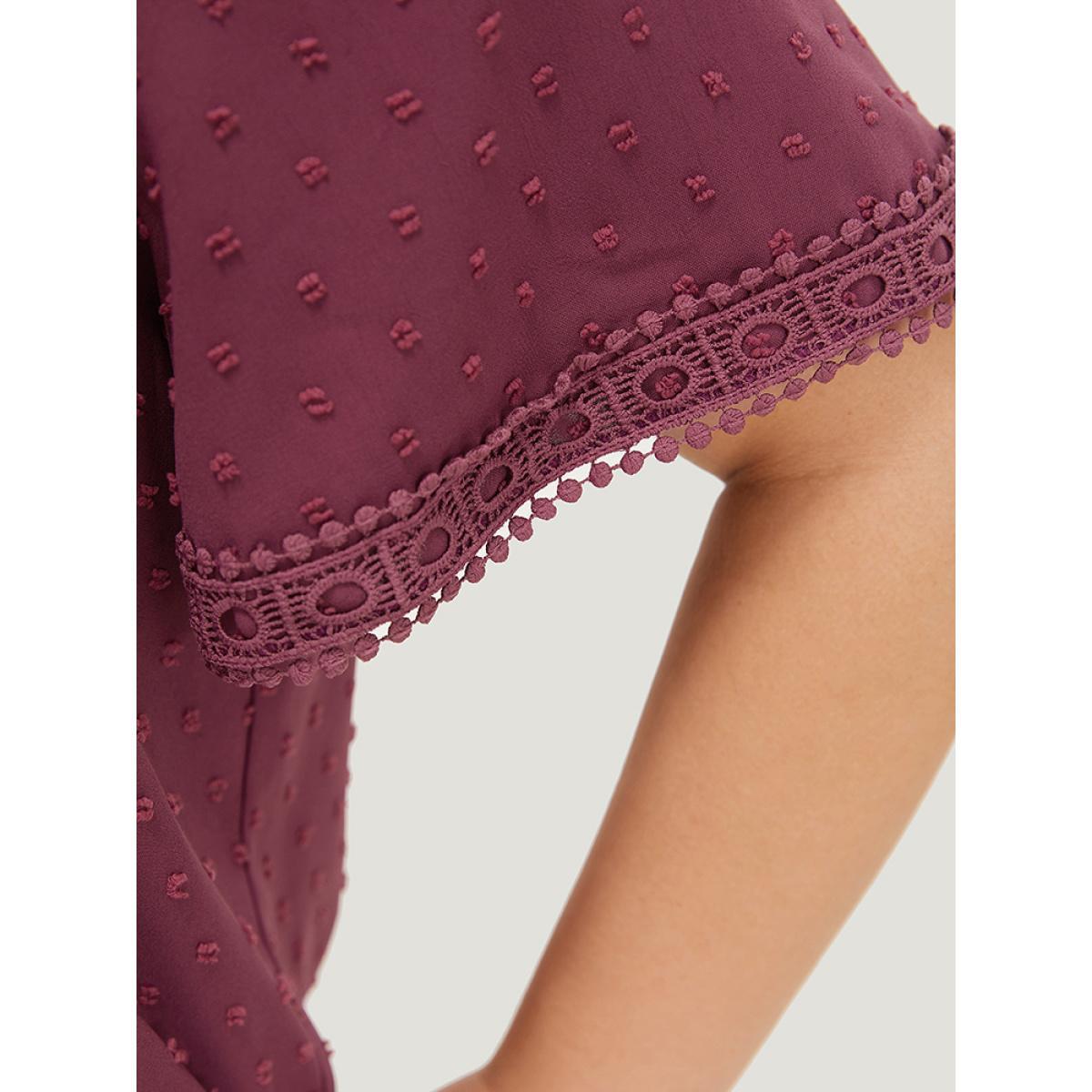 Plus Size RedViolet Polka Dot Gathered Lace Blouse Women Elegant Short sleeve Round Neck Dailywear Blouses BloomChic 10/M Product Image