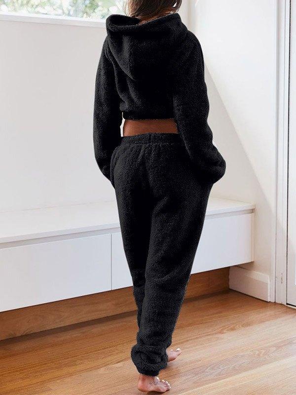 Solid Plush Hooded & Pocket Pants Set Product Image