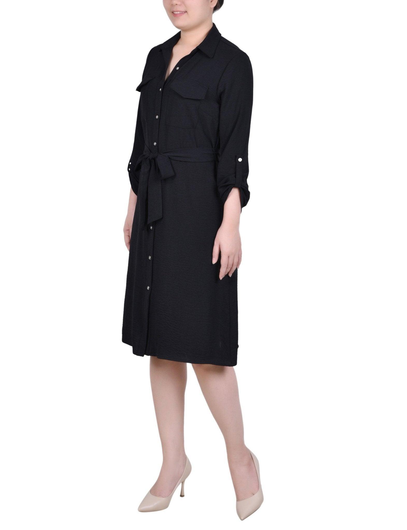 Black Long Roll Tab Sleeve Shirtdress Product Image