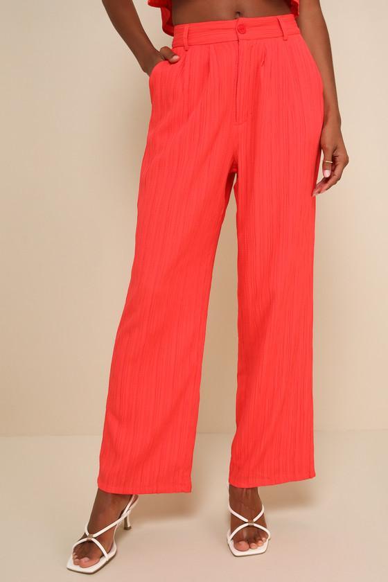 Coolest Allure Coral Red Textured High-Rise Wide-Leg Pants Product Image
