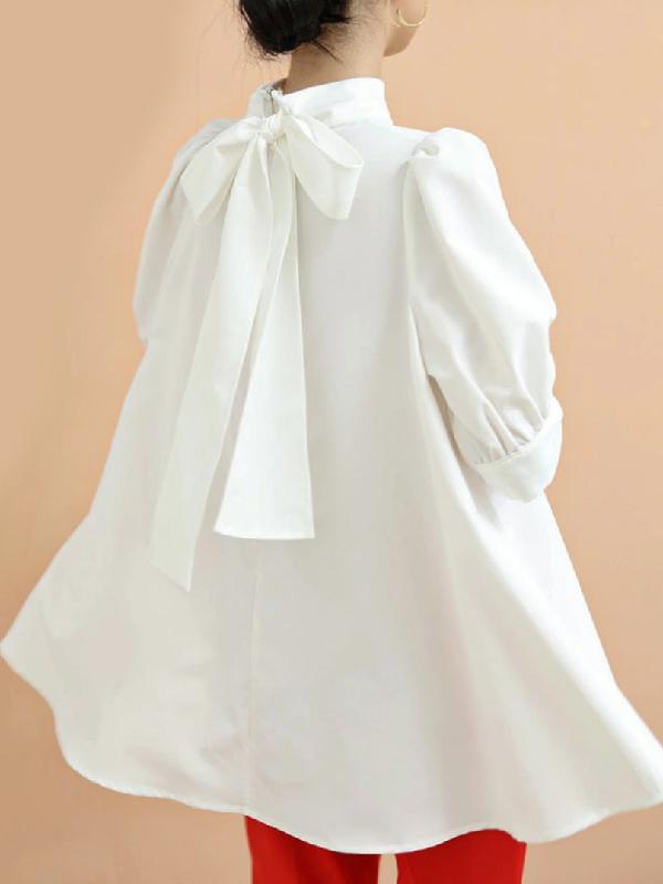 Casual Loose Bow-Embellished Solid Color Blouse Product Image