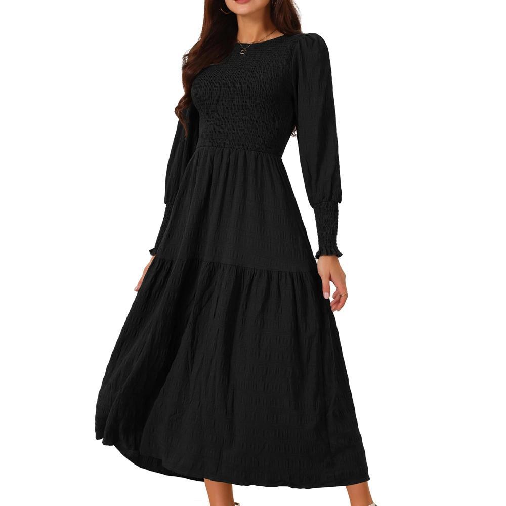 Seta T Women's Casual Long Sleeve Crewneck Relaxed Fit Smocked Dress Product Image