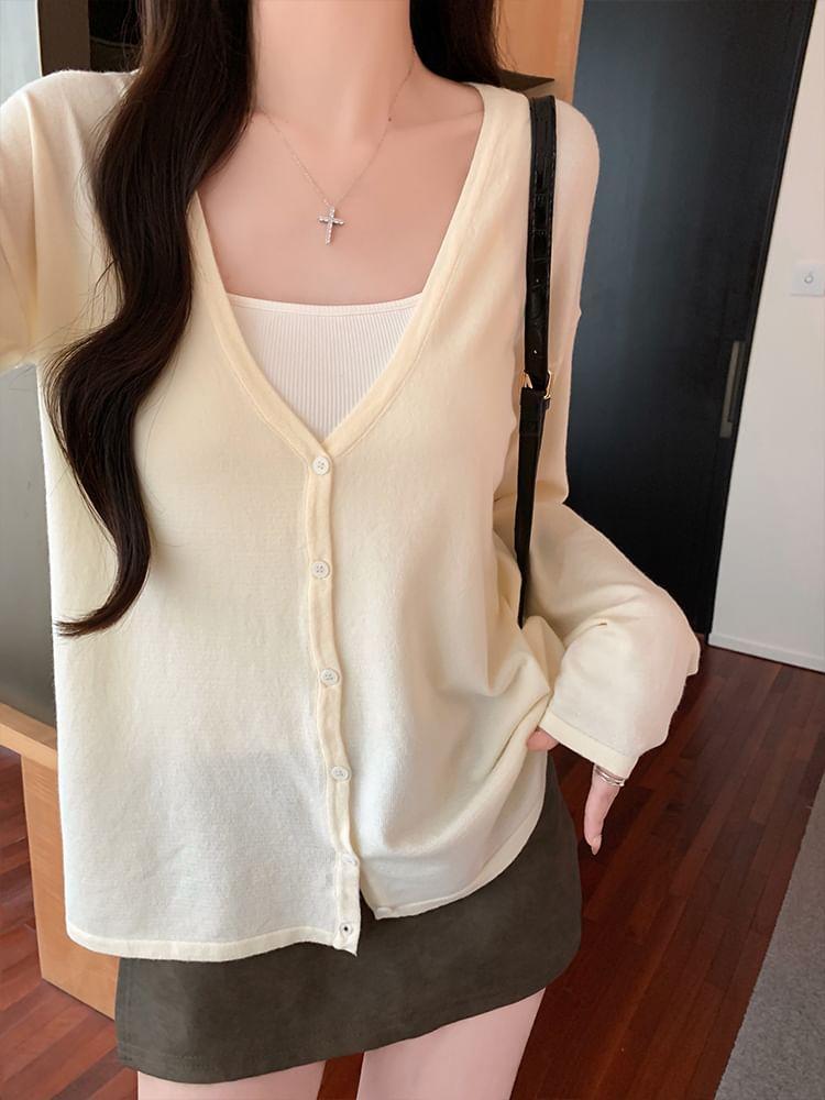 V-Neck Plain Button-Up Cardigan Product Image