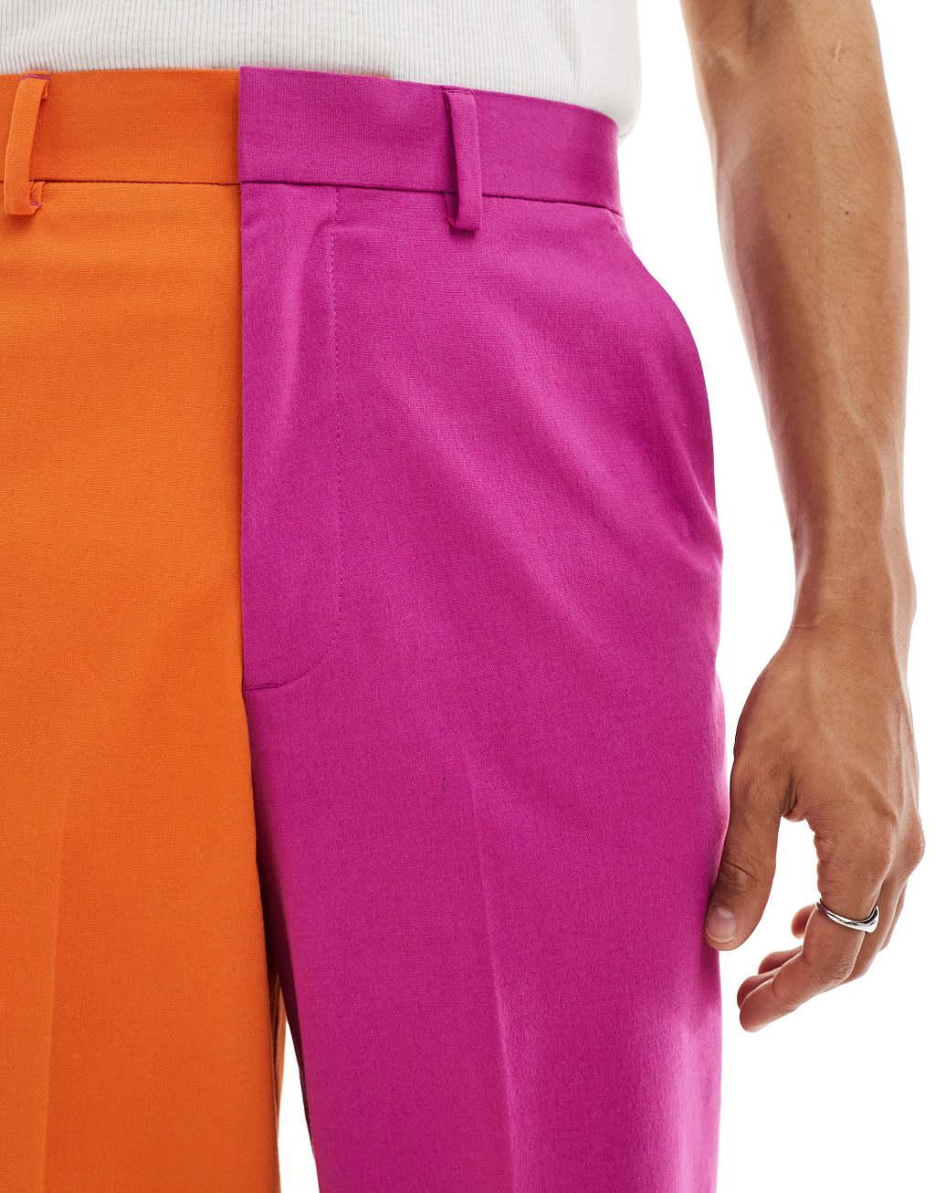 ASOS DESIGN color block barrel leg pants in orange and pink - part of a set Product Image