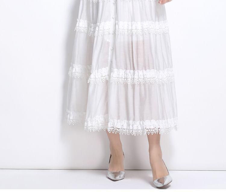 Long Sleeve Band Collar Plain Tiered Button Panel Lace Maxi A-Line Dress Product Image