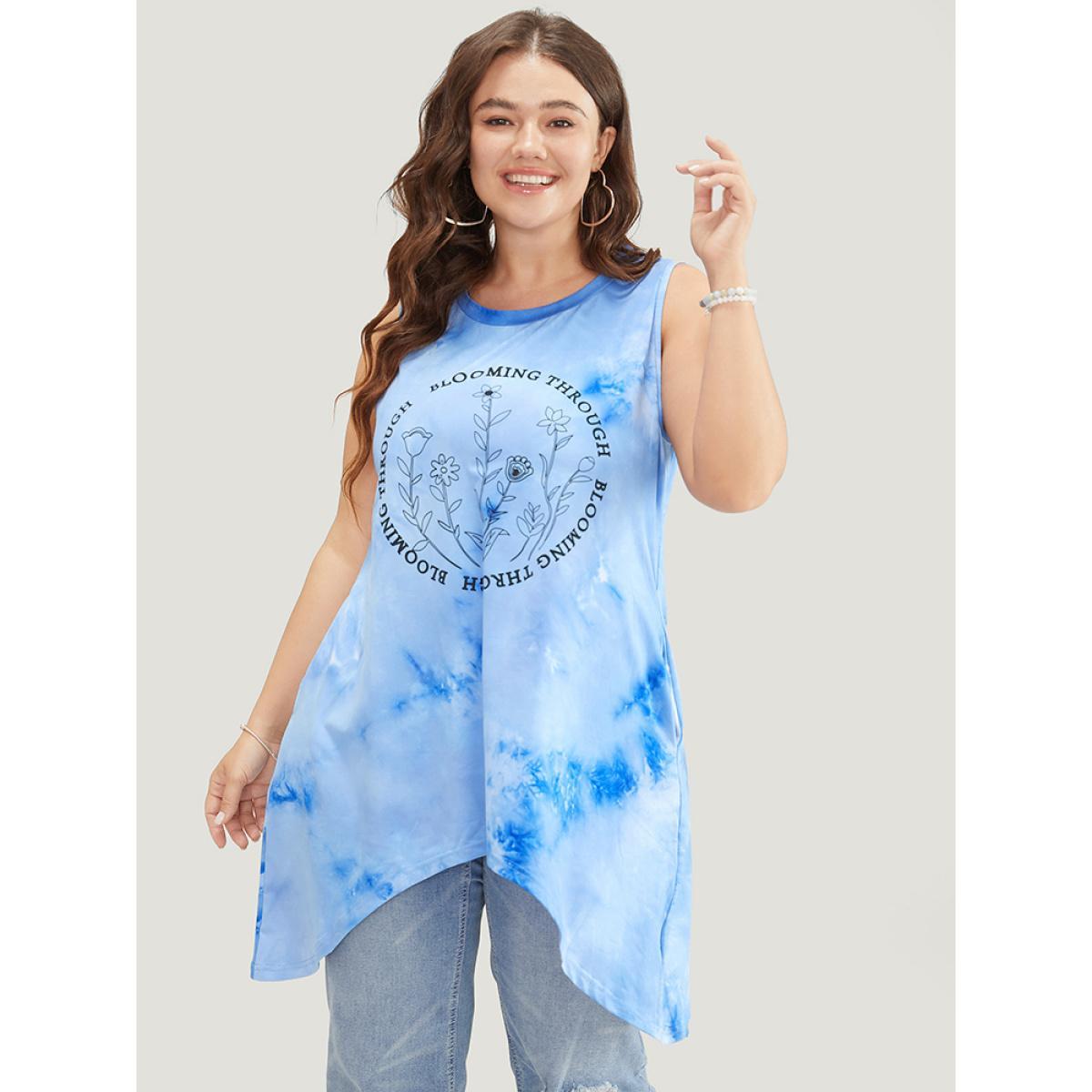 Plus Size Floral & letter Print Asymmetrical Hem Tie Dye Tank Top Women LightBlue Casual Printed Dailywear Tank Tops Camis BloomChic 18-20/2X Product Image