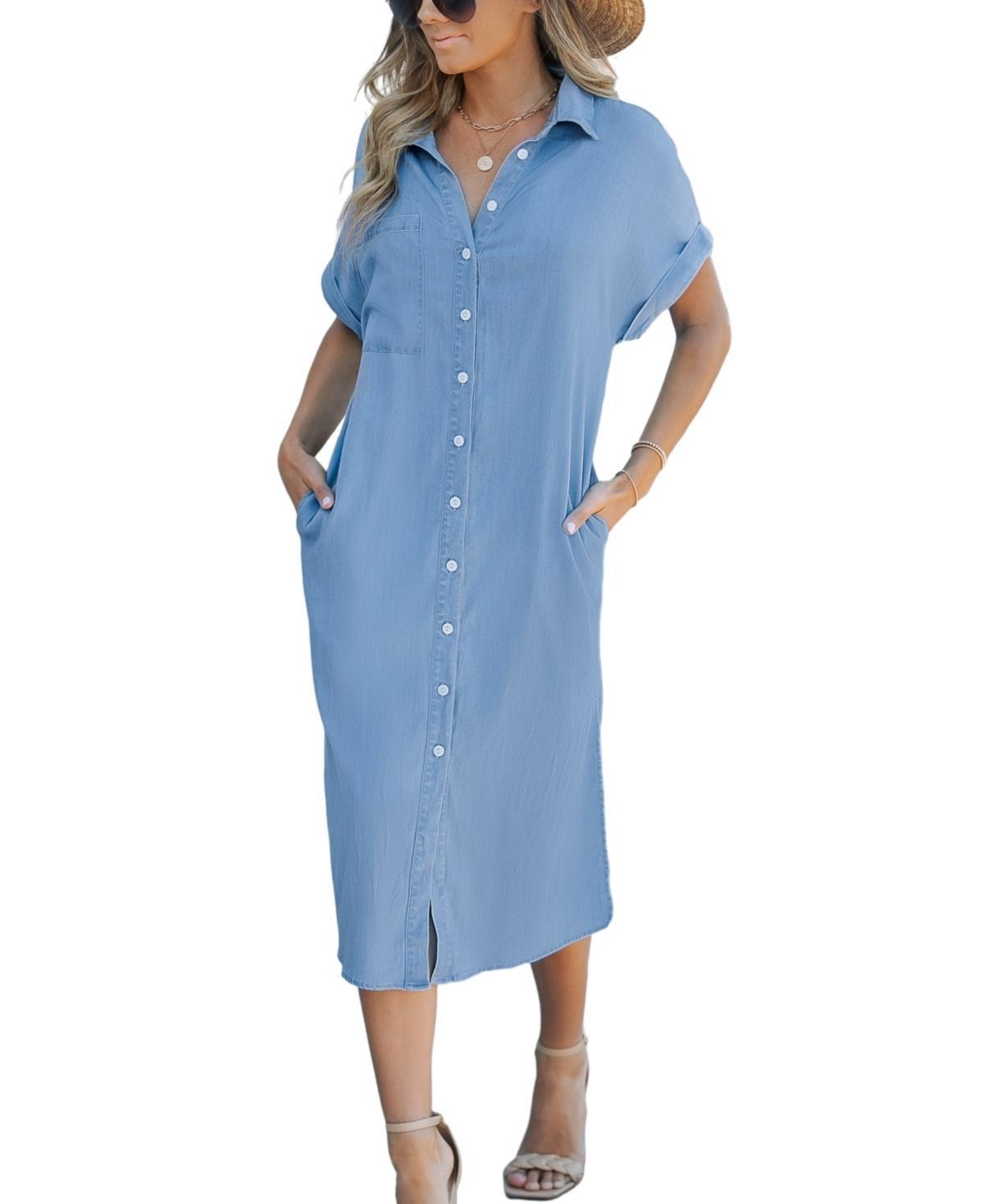 Cupshe Womens Denim Short Sleeve Button Down Cover Up Dress - Light Product Image