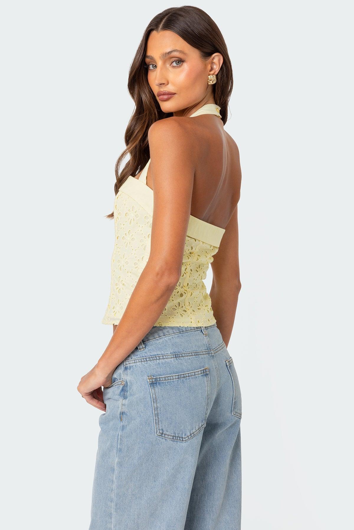 Side Button Eyelet Halter Top Product Image