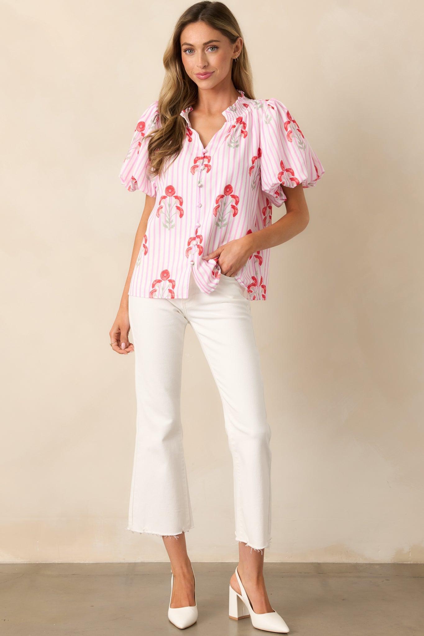 Poppy Fields Pink Button Front Puff Sleeve Top Product Image