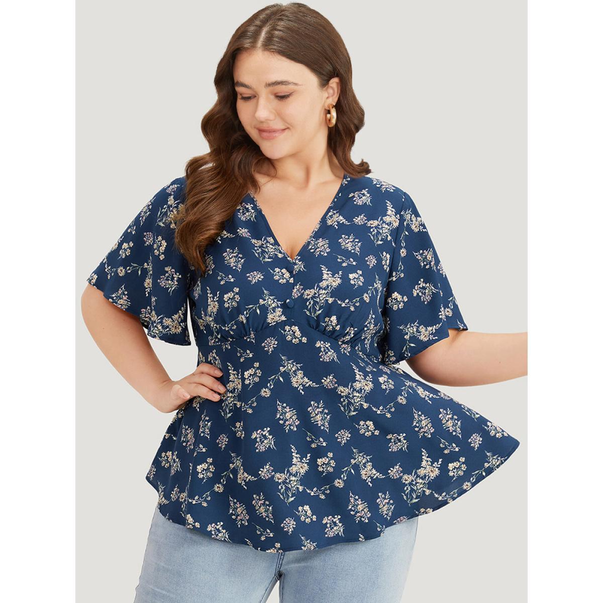 Plus Size Indigo Floral Print Flutter Sleeve Button Detail Blouse Women Elegant Short sleeve V-neck Dailywear Blouses BloomChic 30/6X Product Image