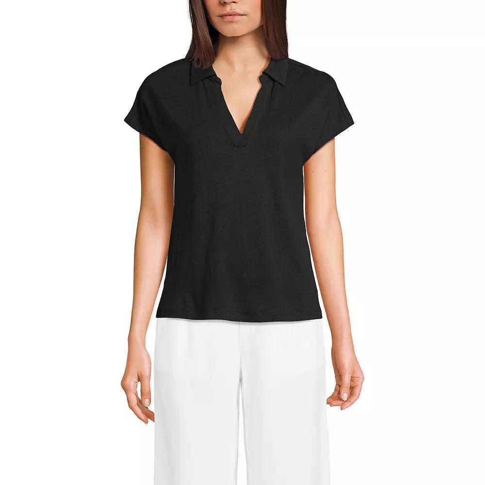 Women's Lands' End Linen Blend Johnny Collar Polo Shirt, Size: Medium, Black Product Image