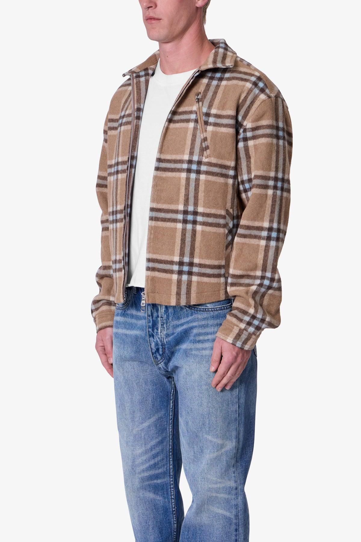 Plaid Flannel Front Zip Jacket - Brown/Cream Product Image