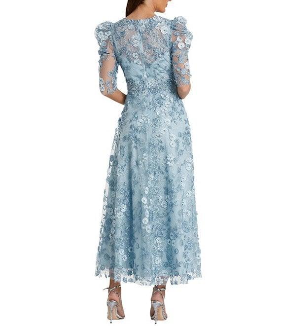 Mac Duggal Embroidered Floral Lace Crew Neck 3/4 Puff Sleeve A-Line Midi Dress Product Image