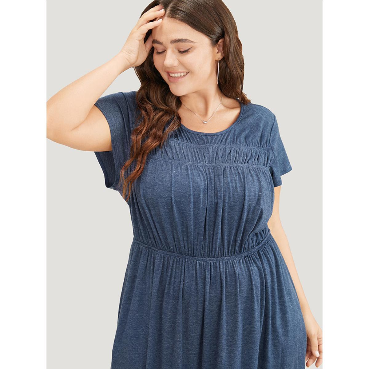 Plus Size Plain Gathered Pocket Round Neck Ruffle Sleeve Dress DarkBlue Women Office Gathered Round Neck Short sleeve Curvy Midi Dress BloomChic 18-20/2X Product Image