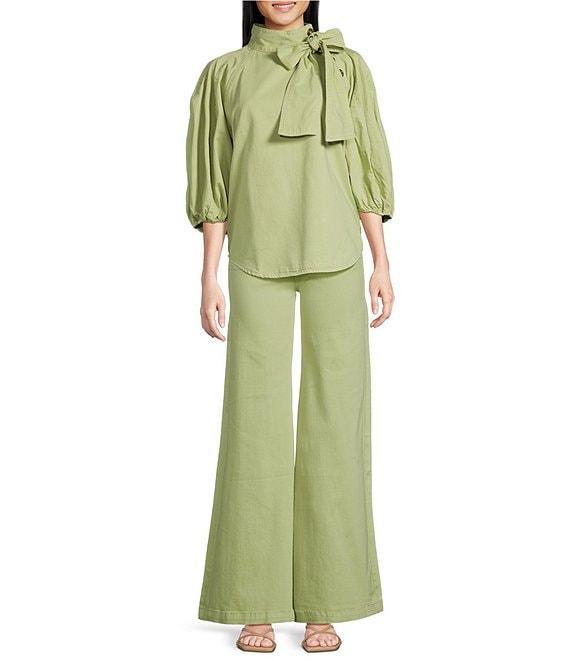 A Loves A Tinted Denim Mock Bow Tie Neck 3/4#double; Puffed Balloon Sleeve Pleated Button Shoulder Tulip Hem Top Product Image