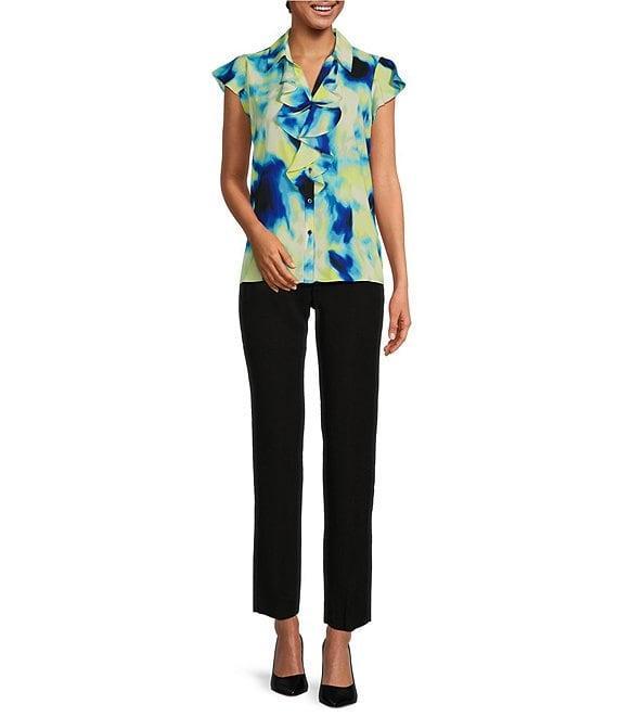 Calvin Klein Printed Collared Ruffle Front Cap Sleeve Button Front Top Product Image