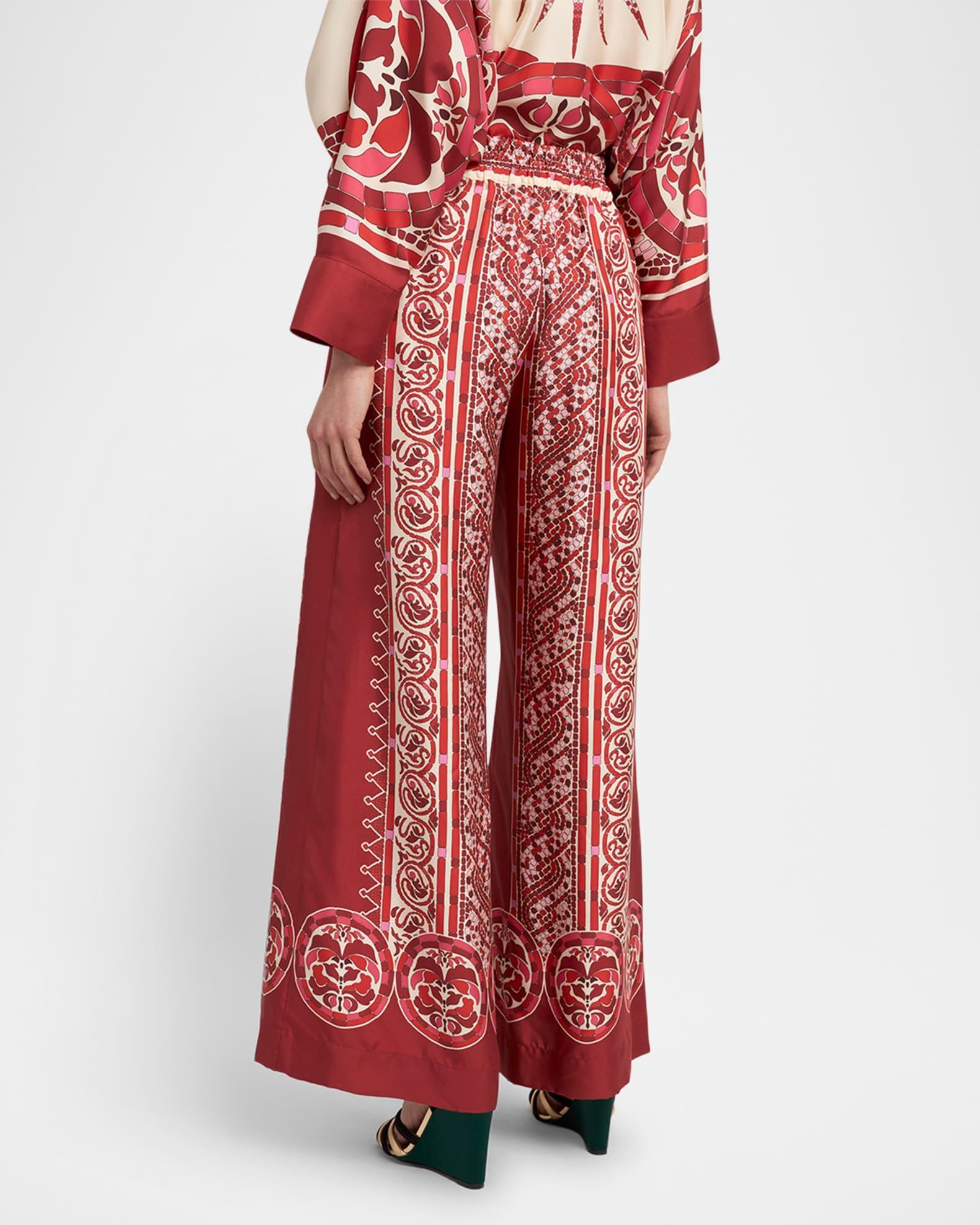 Tile-Print Silk Wide-Leg Pull-On Palazzo Pants Product Image