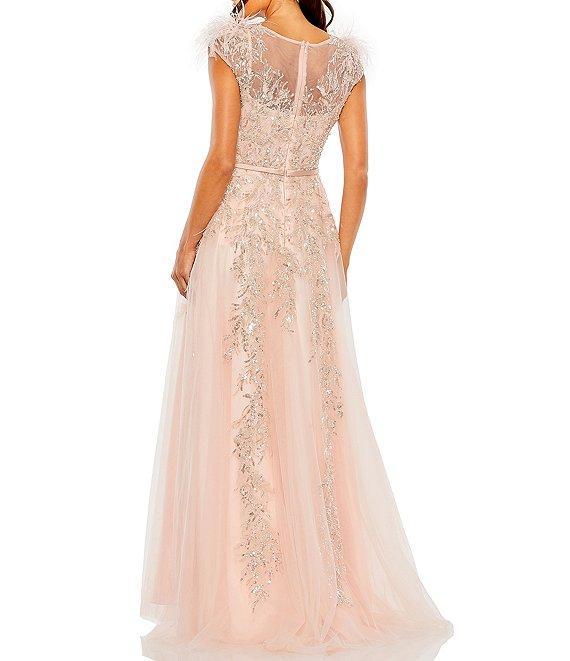 Mac Duggal Beaded Illusion Crew Neck Feather Cap Sleeve A-Line Gown Product Image