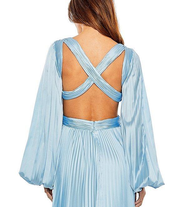 Mac Duggal Long Balloon Sleeve Side Cut-Out Pleated Deep V-Neck Satin A-Line Gown Product Image