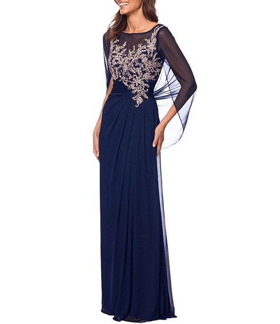 Betsy & Adam Petite Size Boat Neck Cap Sleeve Drape Back Chiffon Applique Sheath Gown Product Image