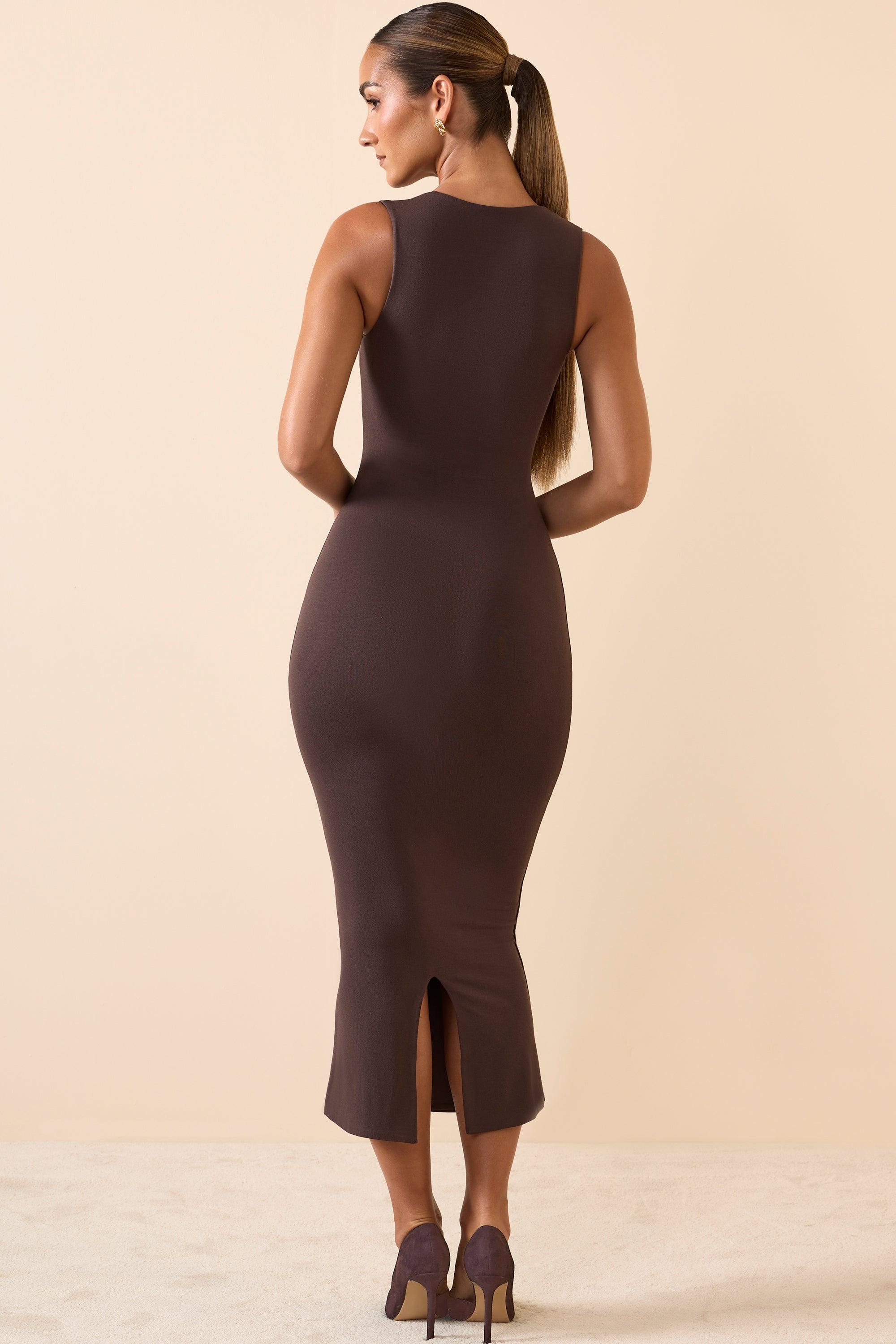 Modal Square-Neck Midi Dress in Chocolate Brown Product Image