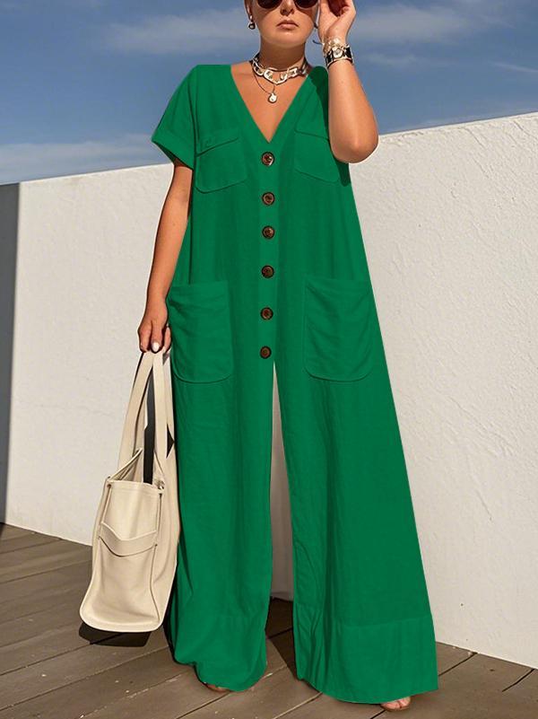 Loose Short Sleeves Buttoned Pockets Solid Color V-Neck Jumpsuits Product Image