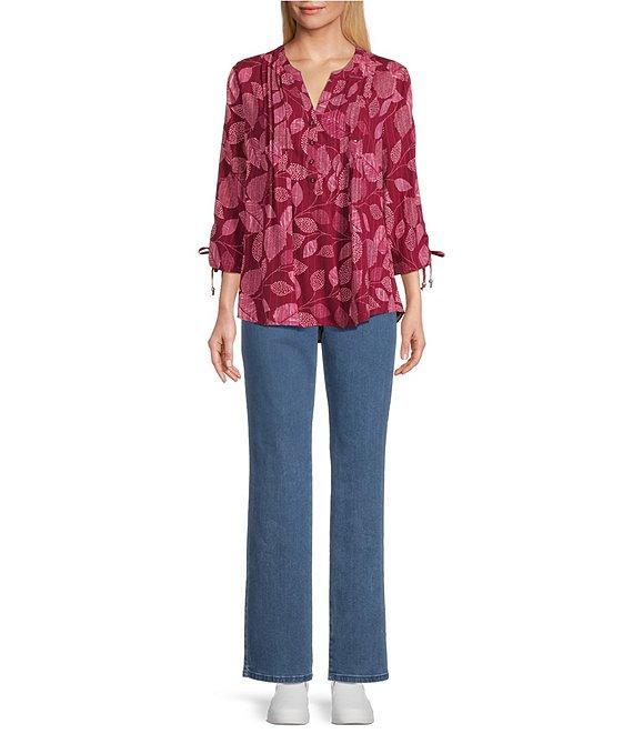 Allison Daley Leaf Print 3/4 Tie Sleeve Y-Neck Button Front Blouse Product Image
