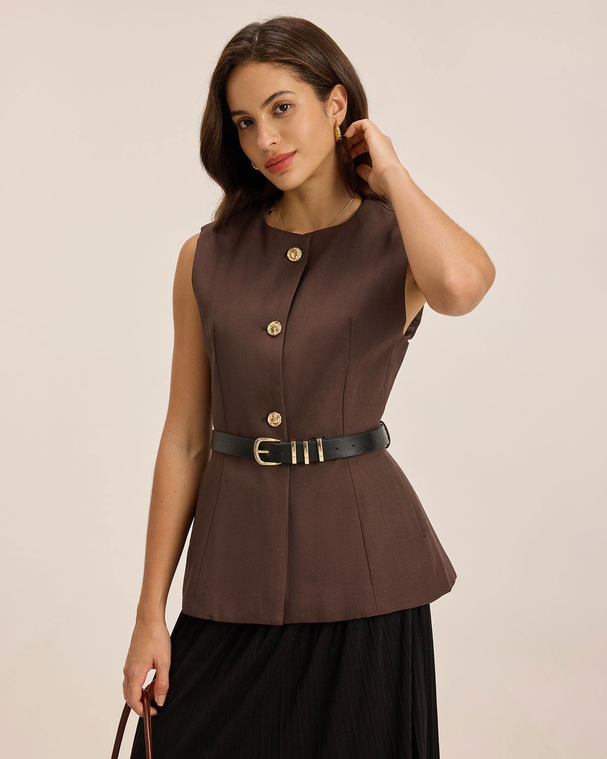 Brown Round Neck Button Vest Product Image