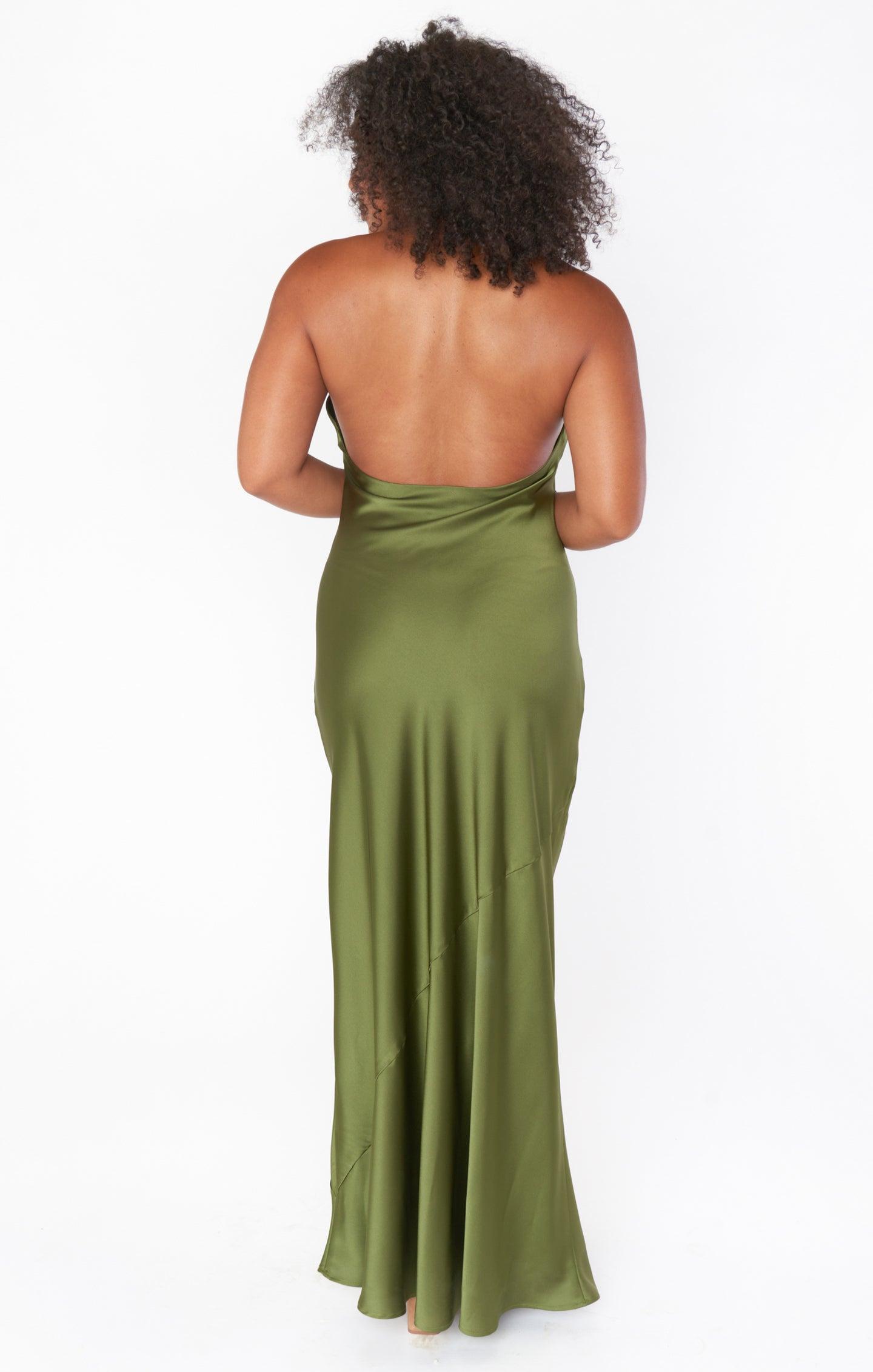 Jasmine Halter Maxi Dress ~ Rich Olive Luxe Satin Product Image