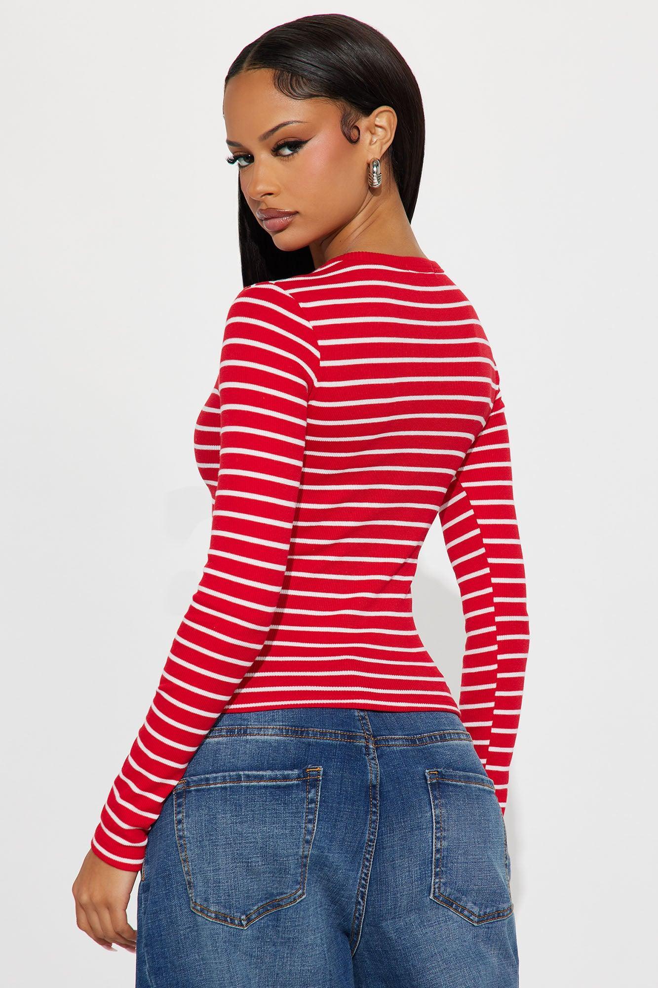 Lana Striped Crew Neck Long Sleeve Top - Red/combo Product Image
