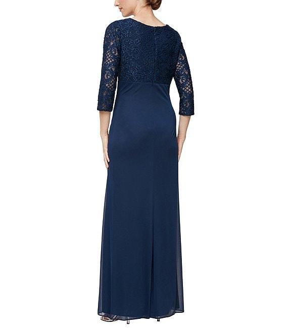 Alex Evenings Lace Mesh Surplice V-Neck 3/4 Illusion Sleeves A-Line Dress Product Image