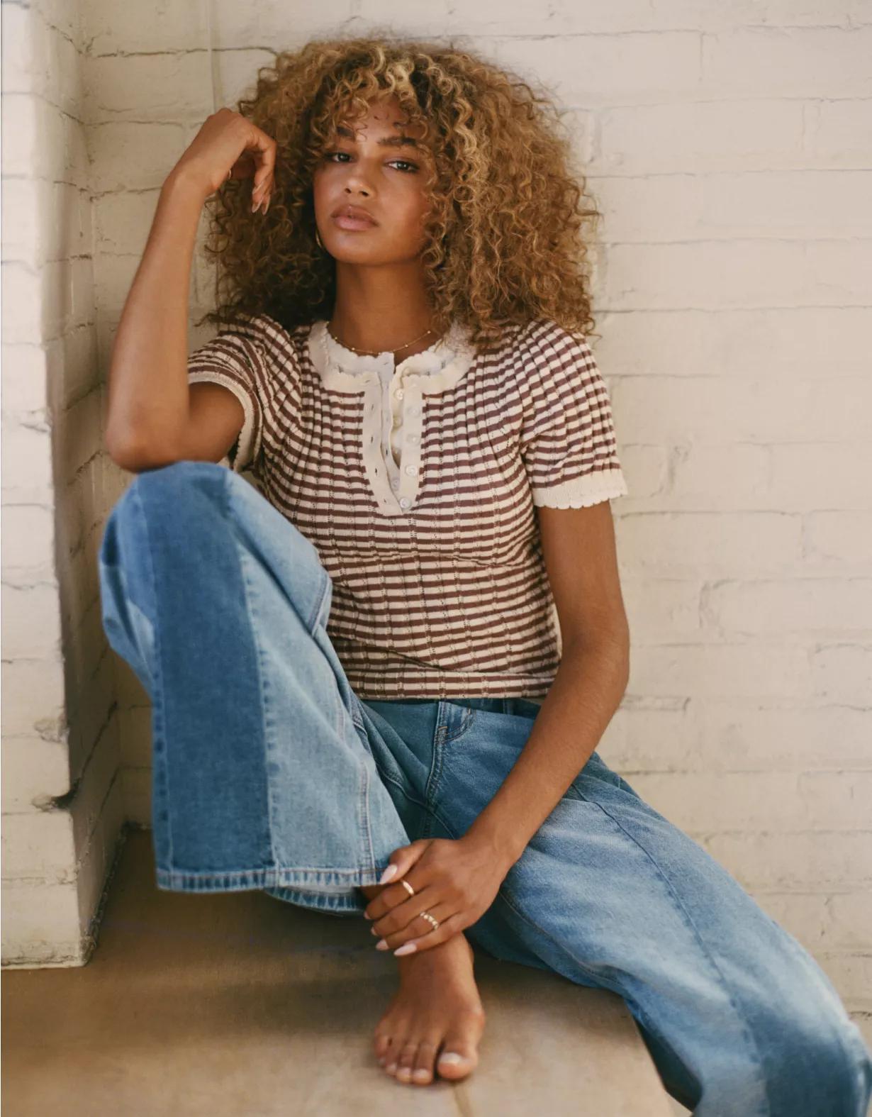 AE Henley Pointelle Sweater T-Shirt Product Image