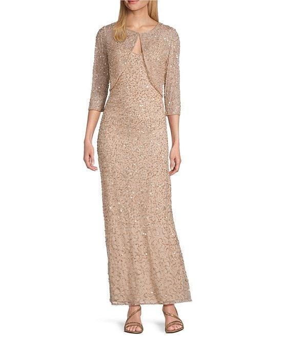 Pisarro Nights Beaded Mesh V-Neck 3/4 Sleeves A-Line 2-Piece Jacket Dress Product Image