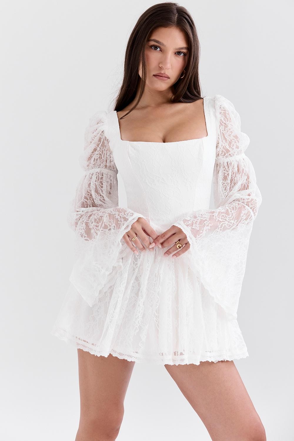 Sancia White Lace Puff Sleeve Mini Dress Product Image