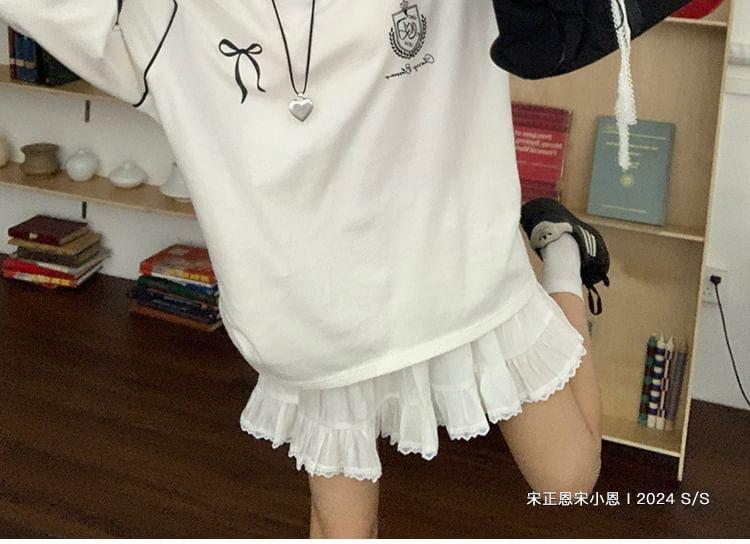 Long Sleeve V-Neck Bow Print Striped Bow Accent Loose-Fit Sweatshirt Product Image