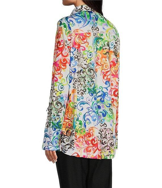 Ali Miles Petite Size Woven Abstract Multi Print Point Collar 3/4 Roll-Tab Sleeve Button Front Tunic Product Image
