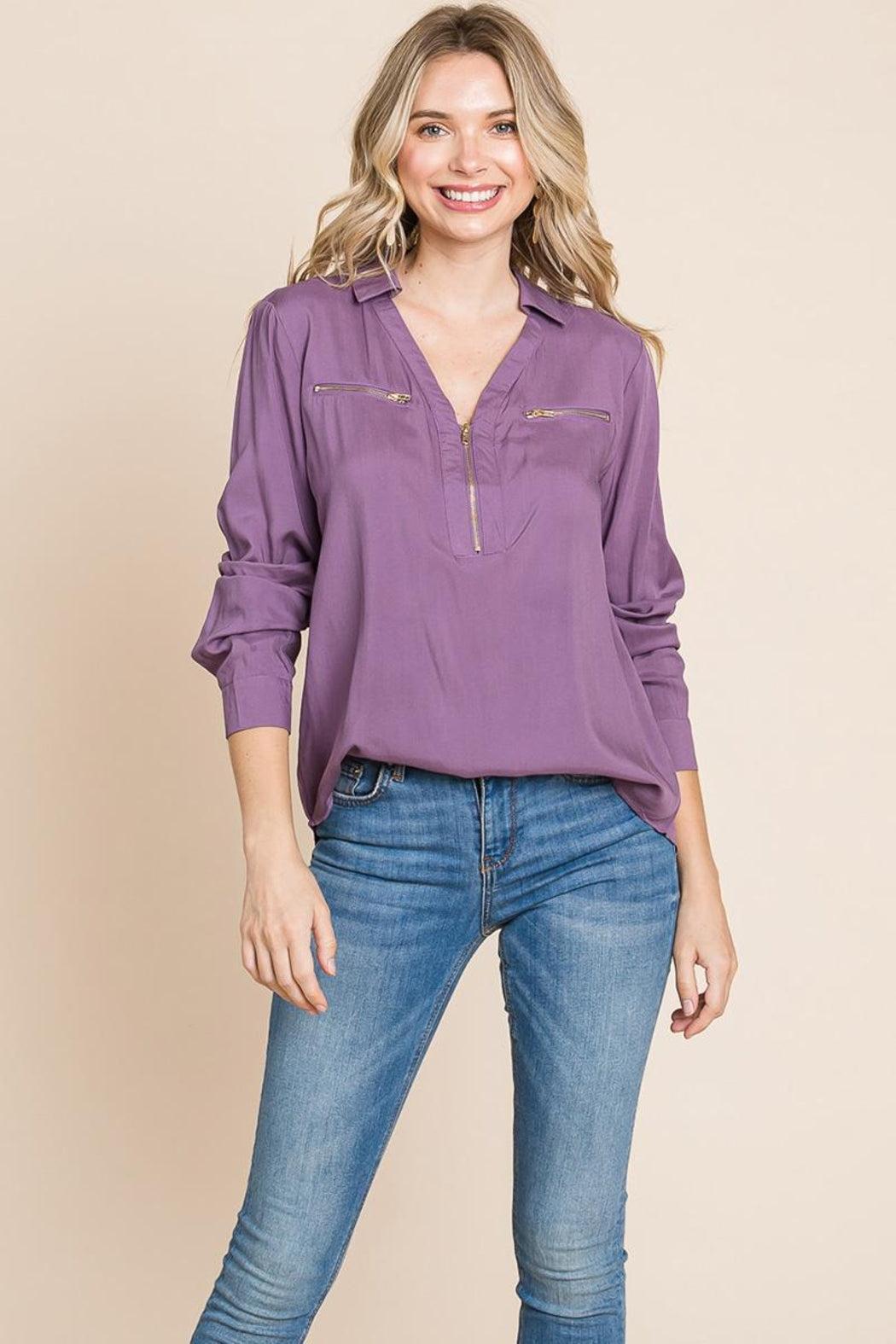 V Neck Front Zip Up Long Sleeve Top Female Product Image