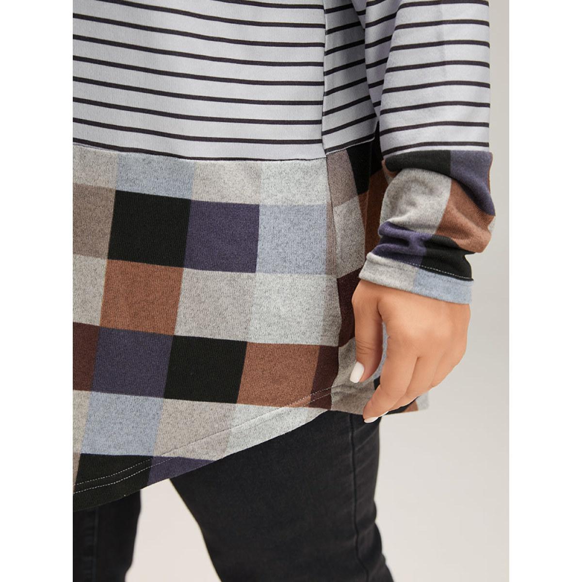 Plus Size Plaid Striped Patchwork Arc HemT-shirt Multicolor Women Casual Contrast Patchwork Round Neck Dailywear T-shirts BloomChic 10/M Product Image