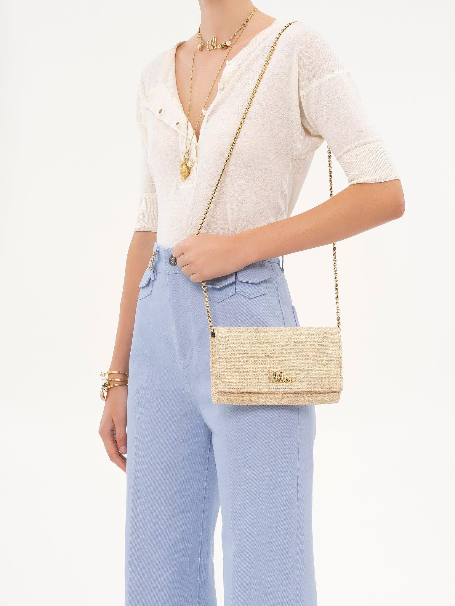 Chloé Iconic flap wallet on chain in raffia-effect fibers Product Image