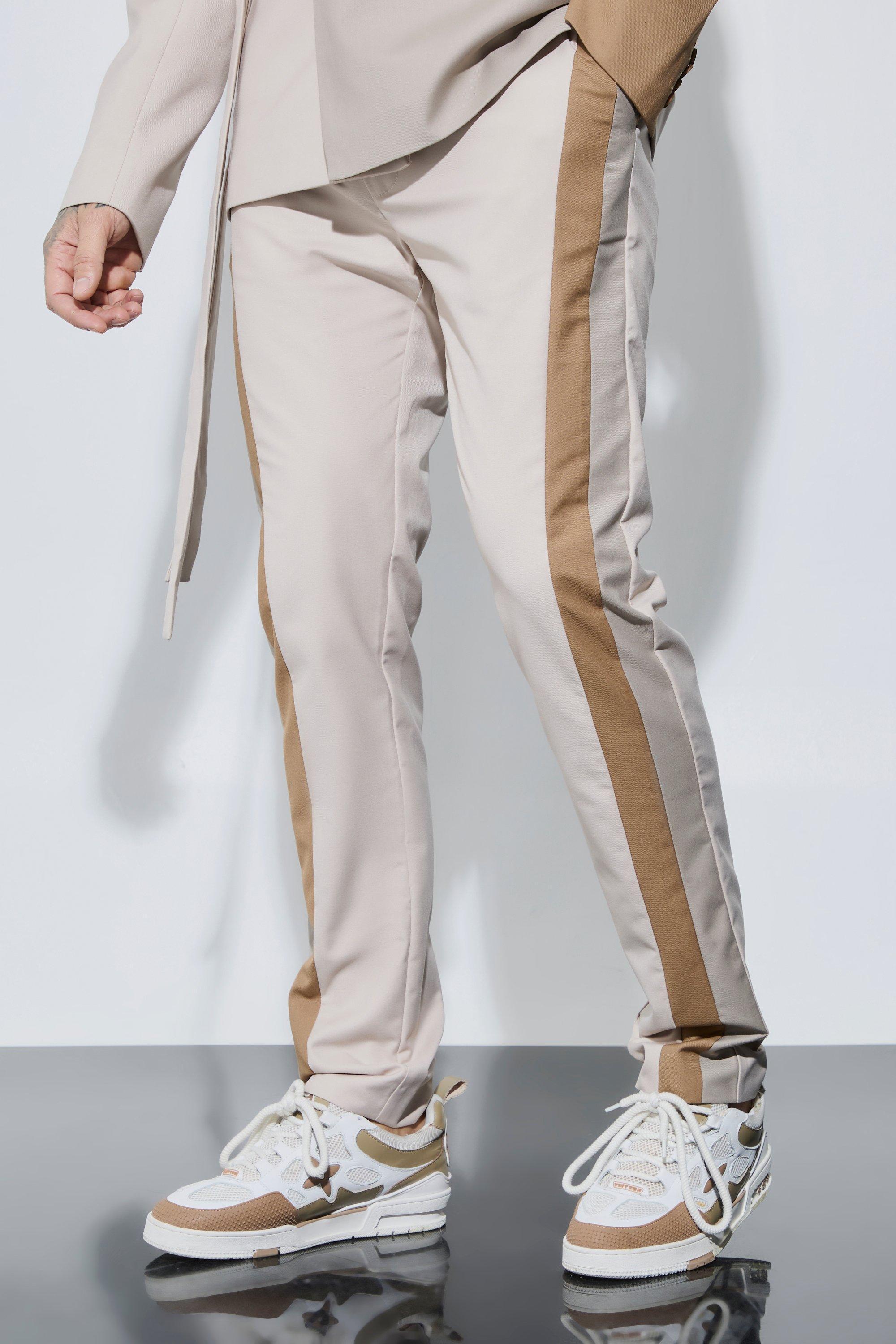 Mens Beige Tall Skinny Fit Colour Block Panel Suit Trouser, Beige Product Image