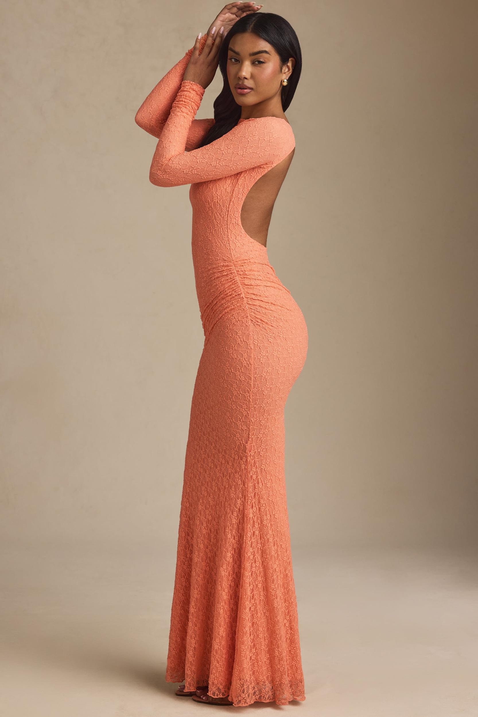 Ruched Backless Lace Maxi Dress in Peach Product Image