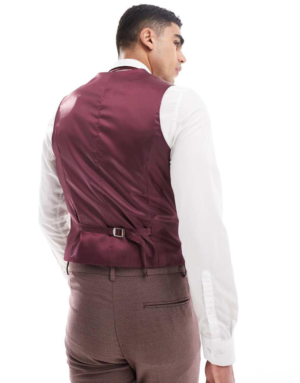 ASOS DESIGN wedding skinny suit vest in burgundy microtexture Product Image