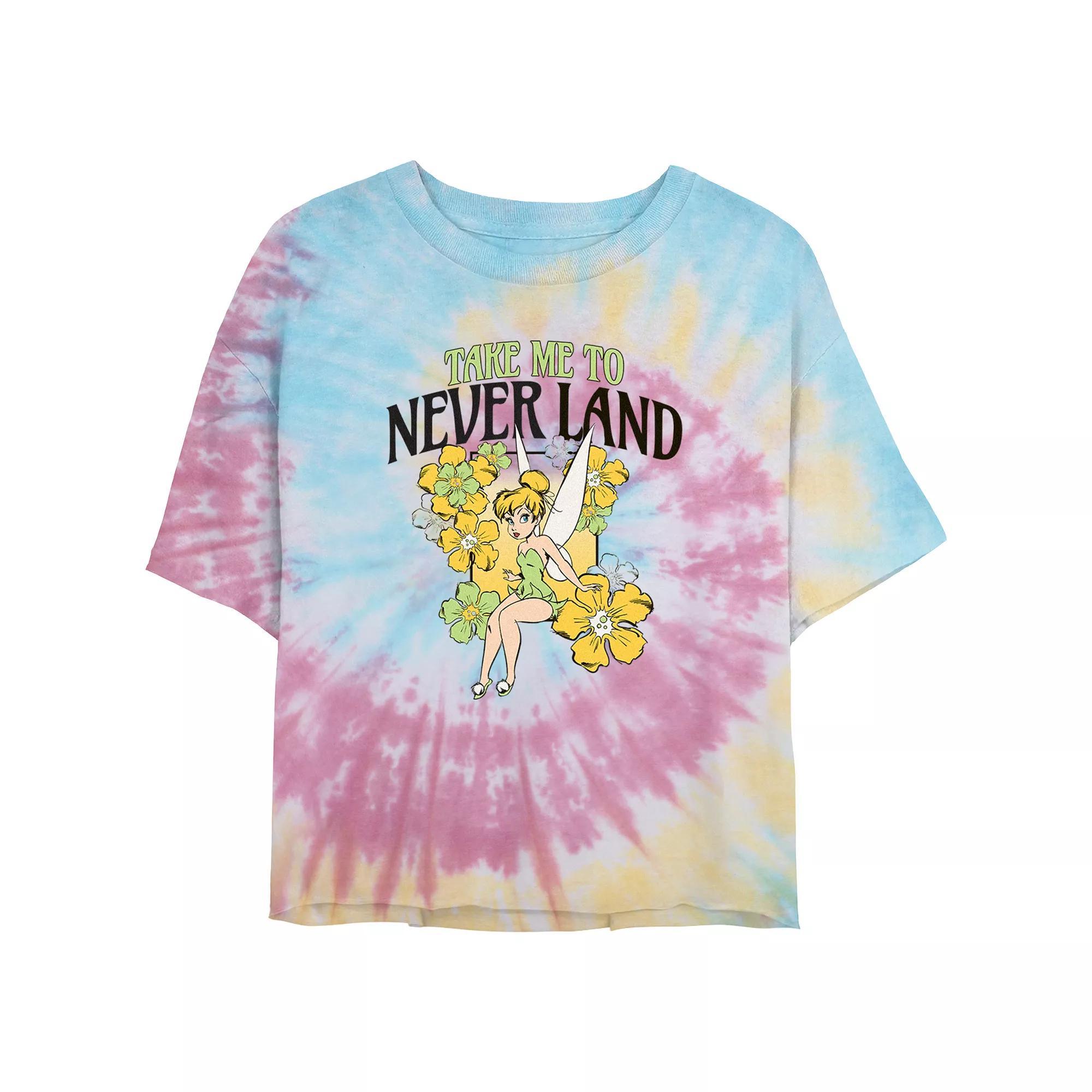 Disney's Tinker Bell Take Me To Never Land Flowers Juniors' Cropped Tie Dye Graphic Tee, Women's, Size: Medium, Blue Pink Light Yellow Product Image