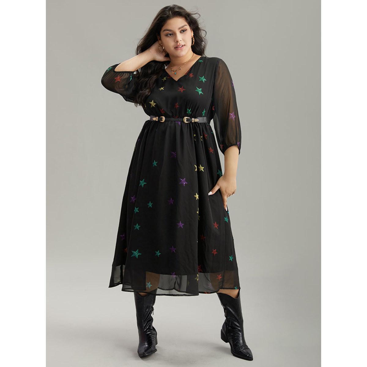 Plus Size Star Mesh Patchwork Elastic Waist Dress Black Women Casual Elastic cuffs V-neck Elbow-length sleeve Curvy Midi Dress BloomChic 28/5X Product Image