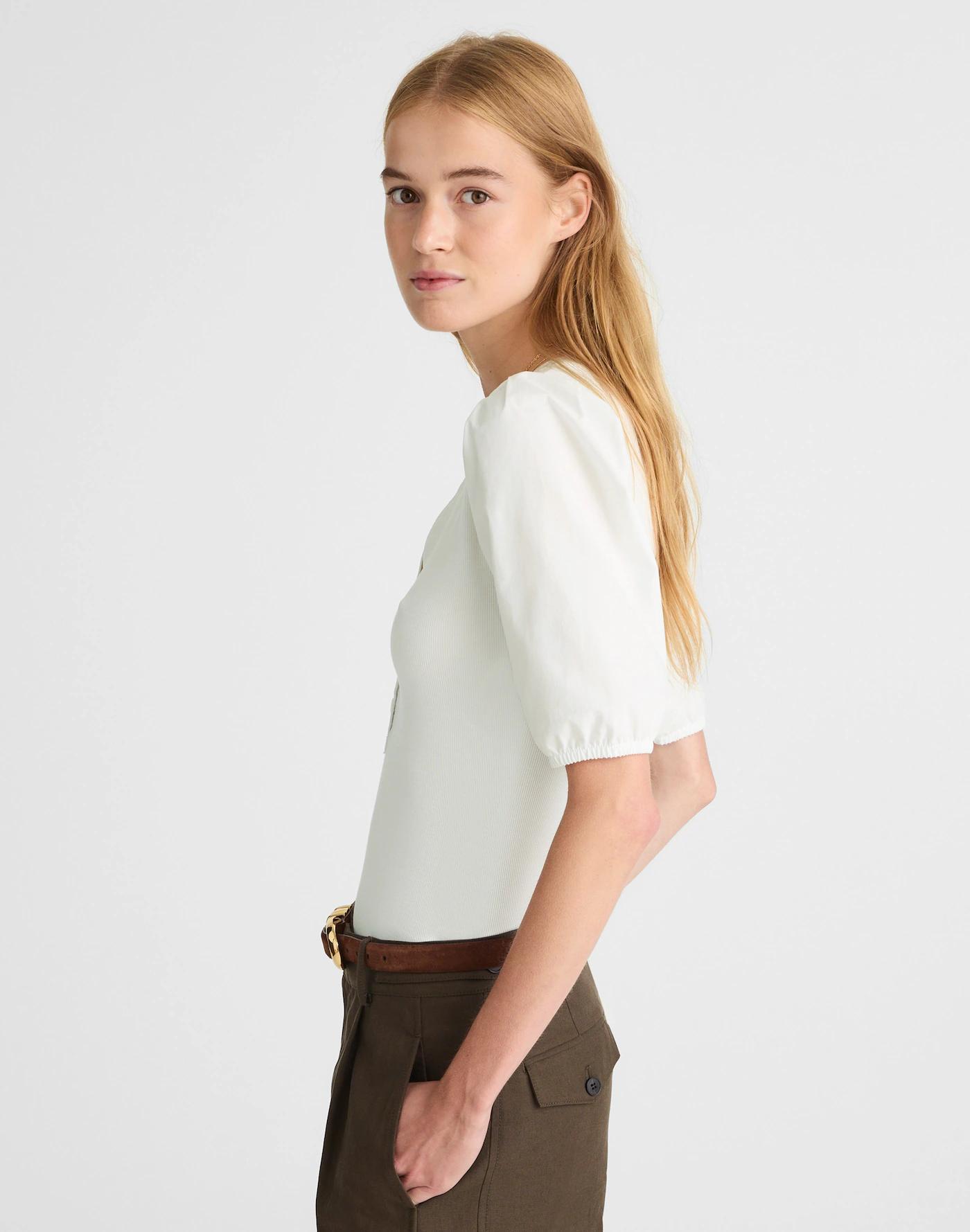 Puff-Sleeve Henley Knit Top Product Image